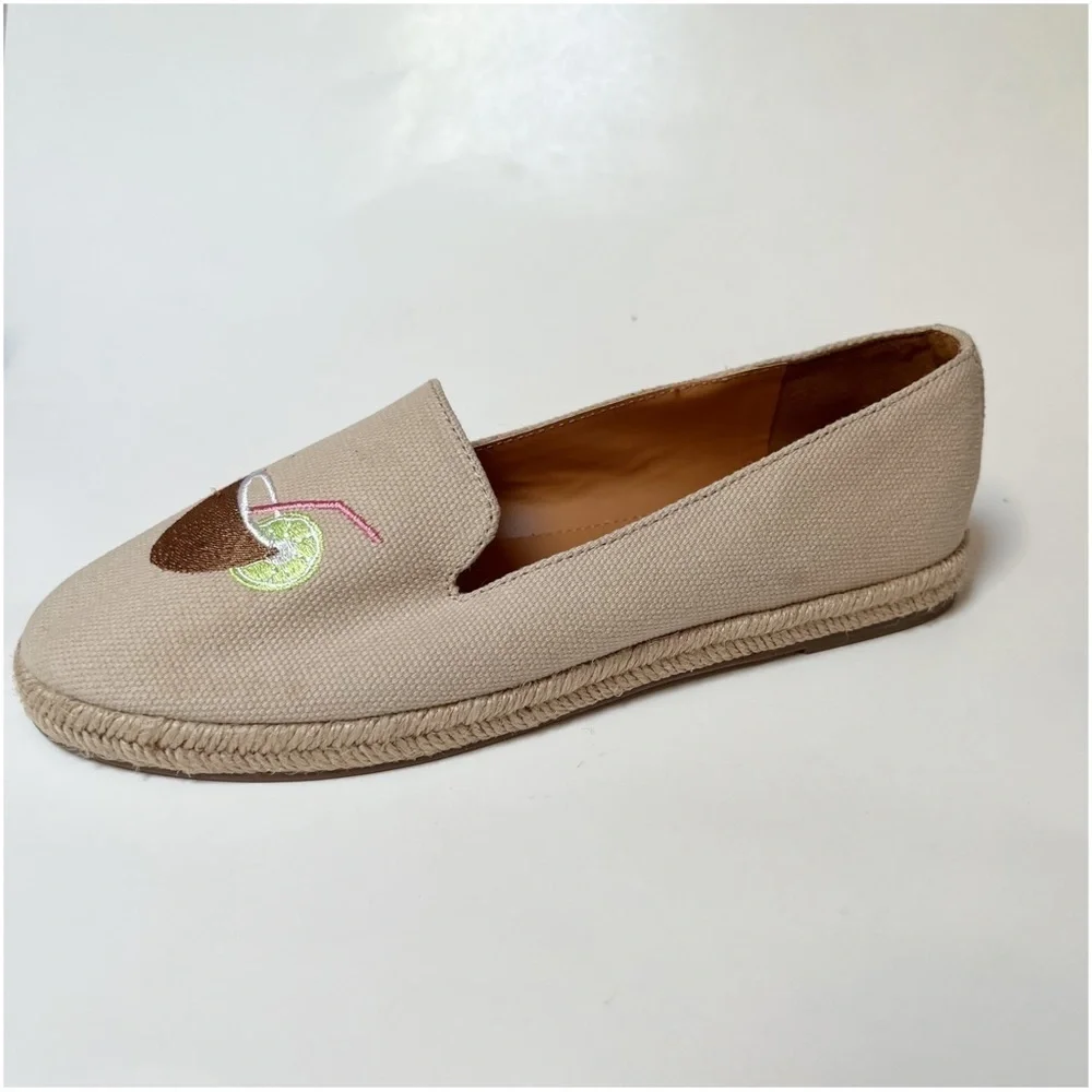 J Crew Factory Palm Tree Tropical Embroidered Slip-on Espadrilles Tan Canvas